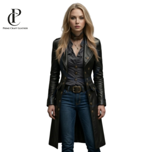 Front and back view of a Women's Military-Inspired Victorian Black Leather Coat with brass buttons by Prime Craft Leather