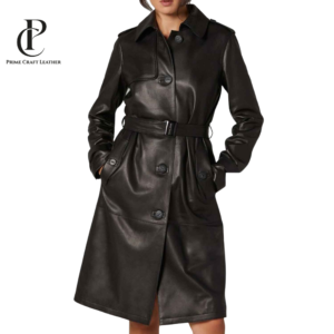 Side and back view of a Women's Belted Classic Black Leather Trench Coat by Prime Craft Leather