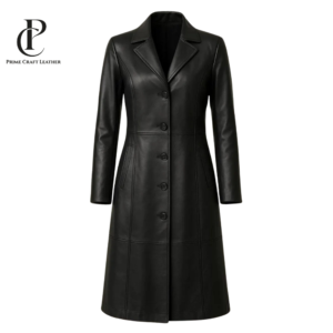 Front and back view of a Women's Professional Longline Black Leather Blazer Coat by Prime Craft Leather