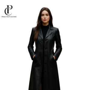 Front and back view of a Women's Full-Length Classic Black Leather Trench Coat by Prime Craft Leather