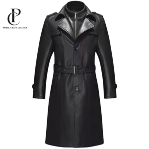 Front and back view of a Men's Double-Collar Black Leather Trench Coat with belt by Prime Craft Leather"