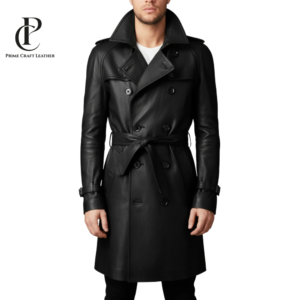 Front and back view of a Men's Double-Breasted Black Leather Trench Coat with waist belt by Prime Craft Leather