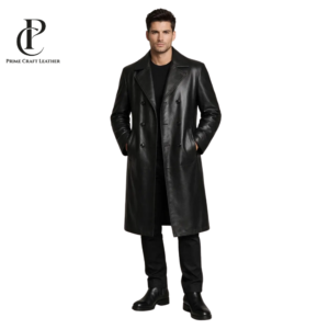 Front and back view of a Men's Classic Double-Breasted Long Black Leather Overcoat by Prime Craft Leather