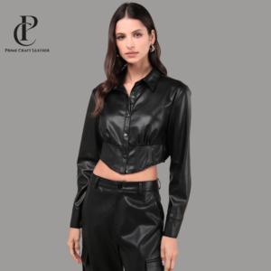 Front and full-length view of a Women's Black Cropped Leather Shirt-Jacket and Cargo Pants set by Prime Craft Leather
