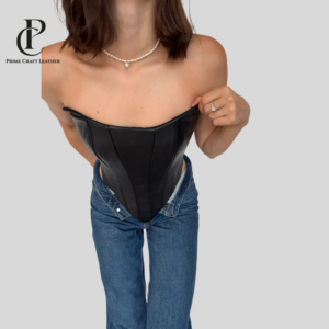 Front view of a minimalist Women's Black Genuine Leather Corset Top with a pointed V-hem by Prime Craft Leather