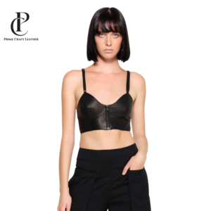 Front zipper view and back view of a Women's Black Genuine Leather Bralette with adjustable straps by Prime Craft Leather
