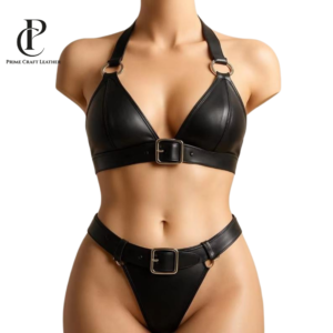 Front and back view of a Women's Black Genuine Leather Buckled Lingerie Set with halter neck and belt details by Prime Craft Leather