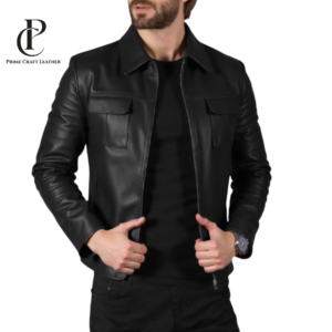 Men's Black Genuine Leather Trucker Shirt Jacket