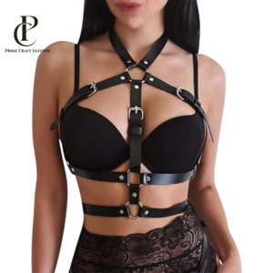 Front, side, and back view of a Women's Black Genuine Leather Body Harness with O-rings and adjustable buckles by Prime Craft Leather