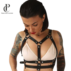Front and back view of a Women's Black Genuine Leather Studded Body Harness with metallic O-rings by Prime Craft Leather