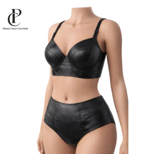 Front and back view of a Women's Black Genuine Leather High-Waisted Lingerie Set with longline bra by Prime Craft Leather