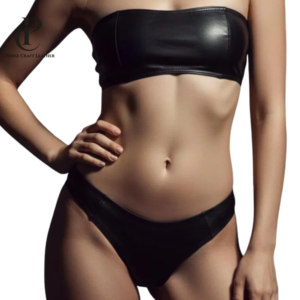Front and back view of a minimalist Women's Black Genuine Leather Bandeau Tube Top and Bikini Set by Prime Craft Leather