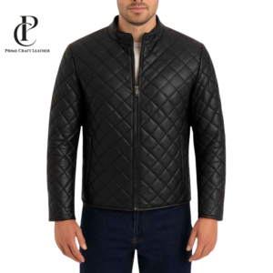 Front and back view of Men's Premium Full Diamond Quilted Genuine Leather Jacket by Prime Craft Leather