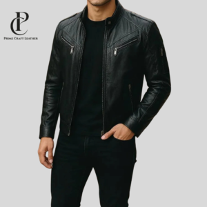 Men’s Black Genuine Lambskin Leather Biker Jacket with Stand Collar
