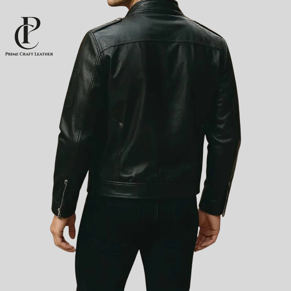 Men’s Black Genuine Lambskin Leather Biker Jacket with Stand Collar - Image 2
