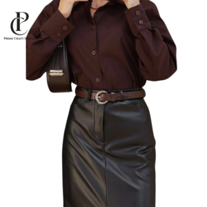 Women’s Chocolate Brown Cotton Button-Down Shirt with Black Leather Skirt