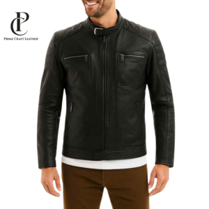Front and back view of Men's Black Buckled Collar Genuine Leather Biker Jacket by Prime Craft Leather