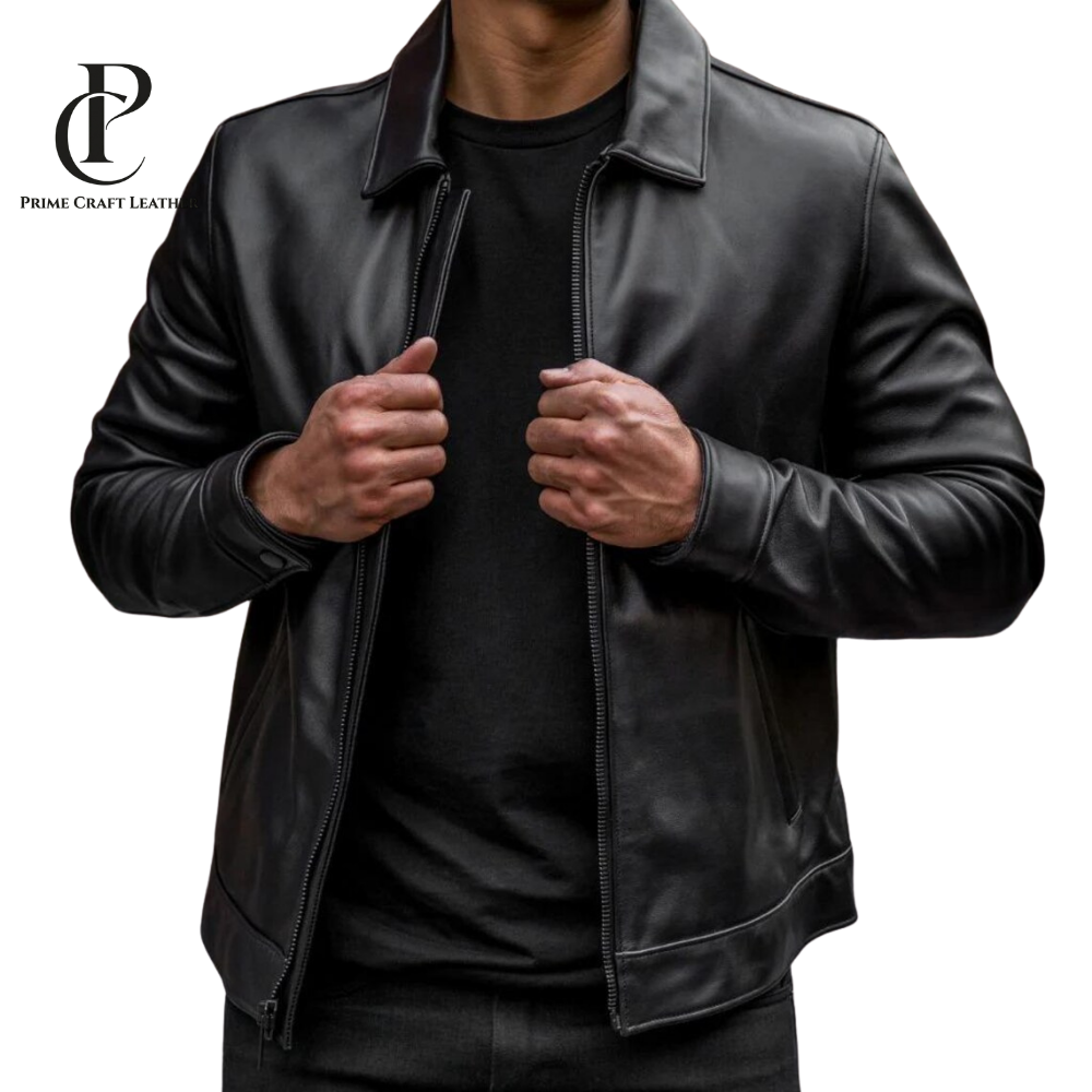 Men’s Shirt Collar Genuine Lambskin Leather Jacket - Image 2
