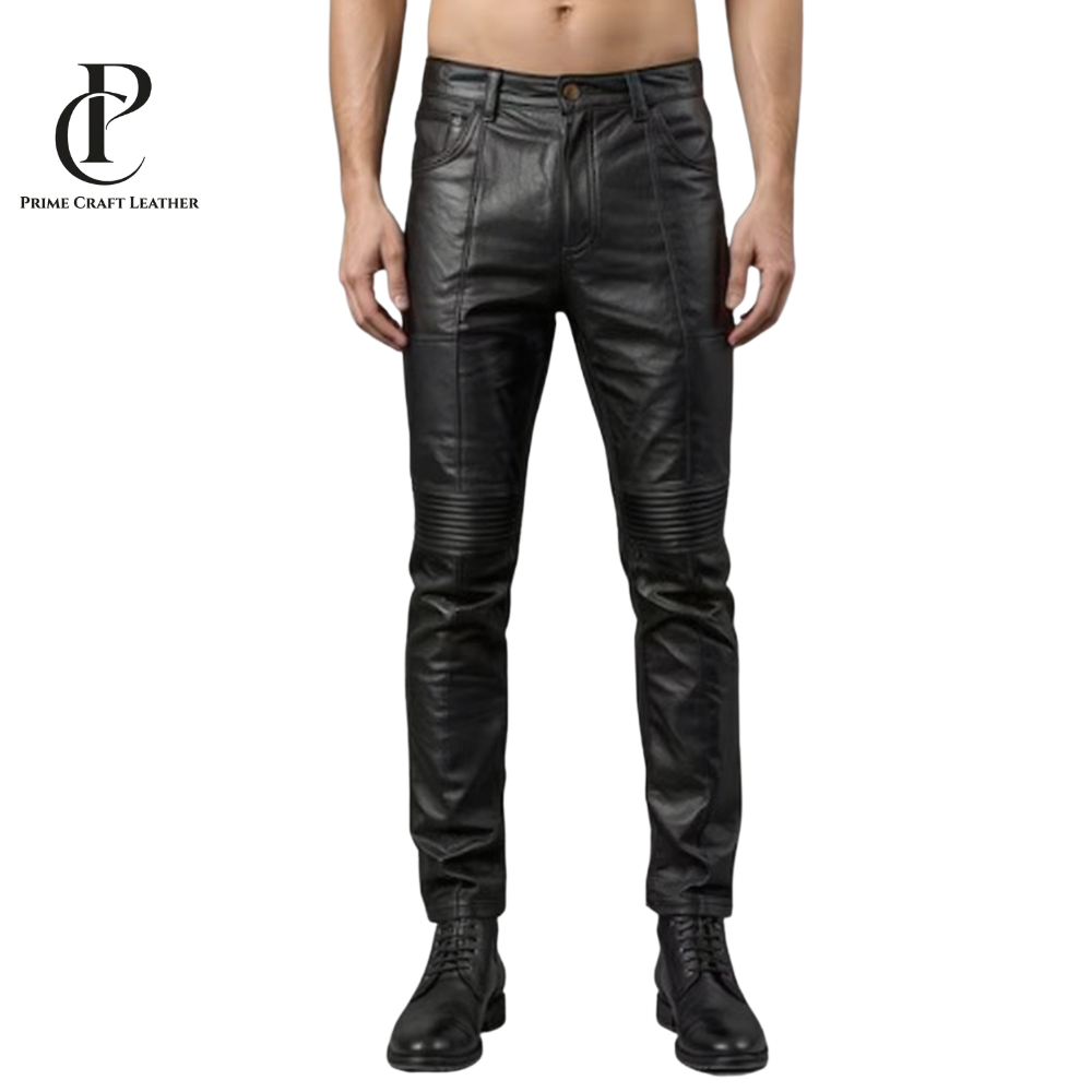Men’s Handmade Black Leather Biker Pants Slim Fit Ribbed Design