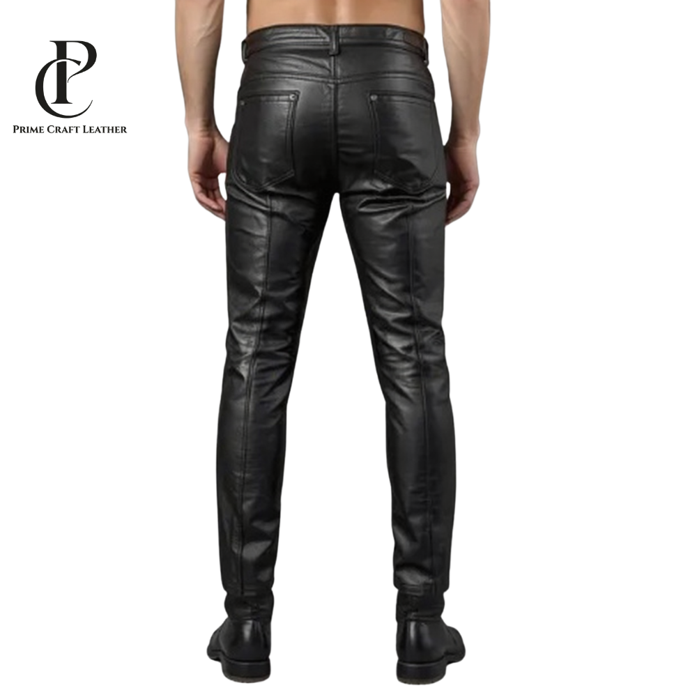 Men’s Handmade Black Leather Biker Pants Slim Fit Ribbed Design - Image 2