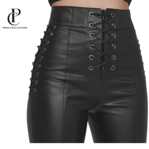 Women’s Lace-Up High-Waist Lambskin Leather Pants Skinny Fit Handmade Trousers