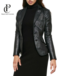 Women’s Luxury Handmade Slim Fit Black Leather Blazer