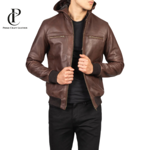 Front and back view of Men's Brown Hooded Genuine Leather Bomber Jacket by Prime Craft Leather
