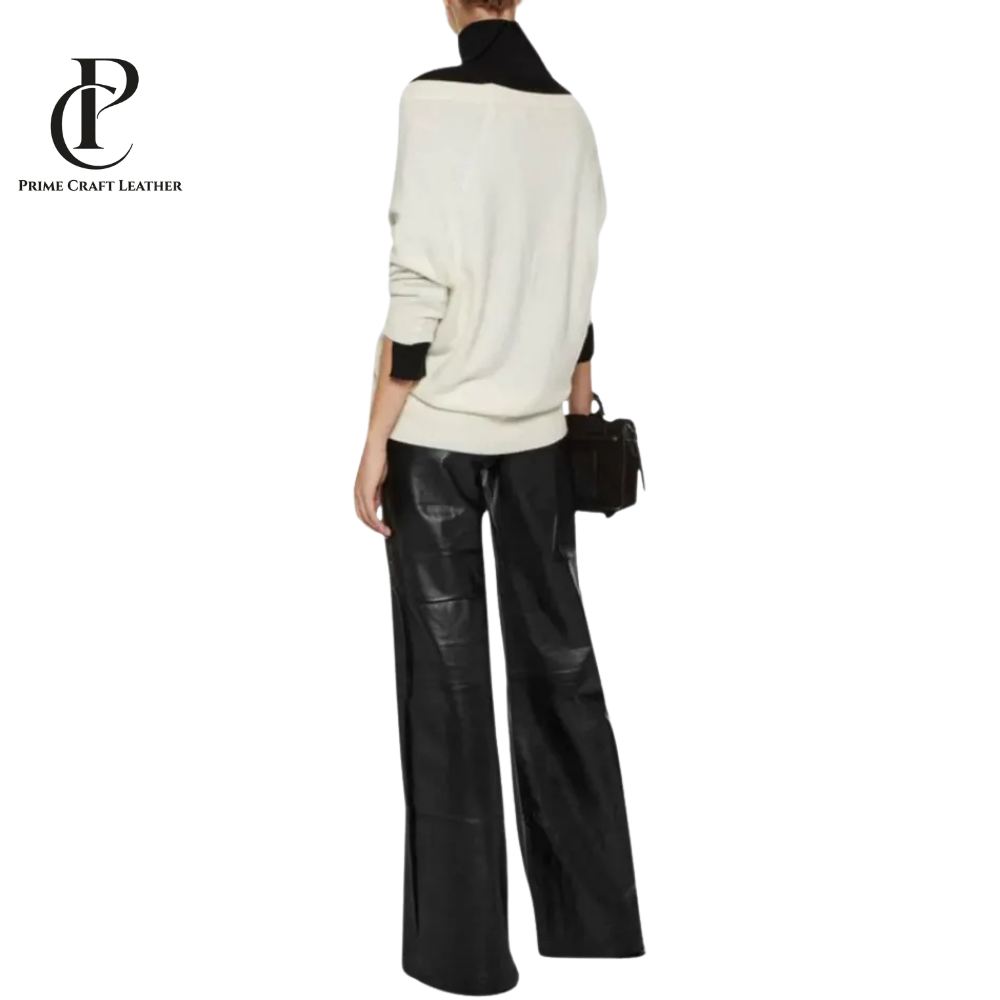 Women’s Black Leather Bell Bottom Pants - Image 2