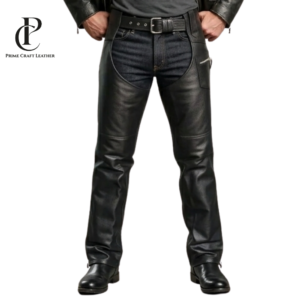 Men’s Black Cowhide Leather Motorcycle Chaps
