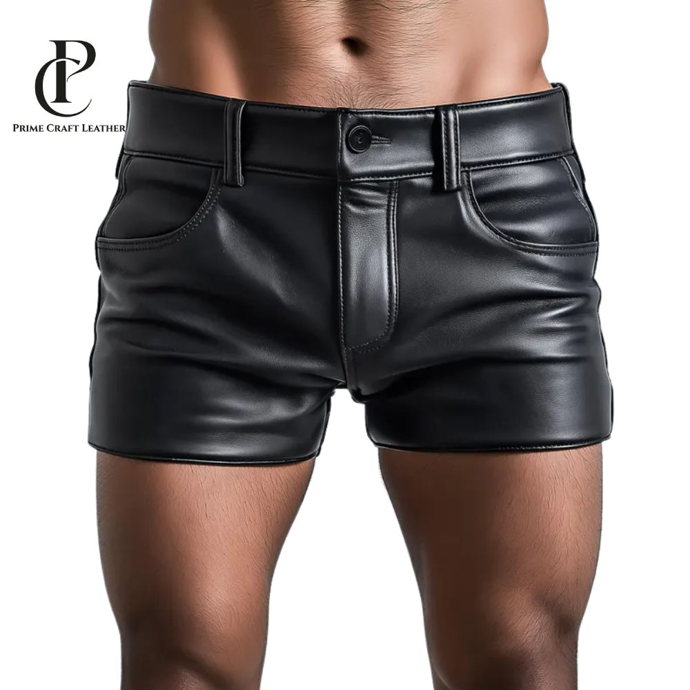 Men’s Handmade Cowhide Leather Biker Shorts Multi-Pocket Design - Image 3
