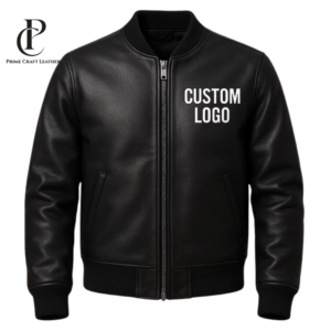 Front and back view of Customizable Black Genuine Leather Bomber Jacket with Custom Logo placeholders by Prime Craft Leather
