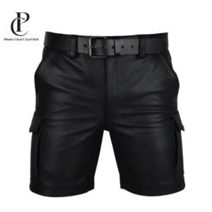 Men’s Black Genuine Leather Cargo Shorts Belted Biker Style