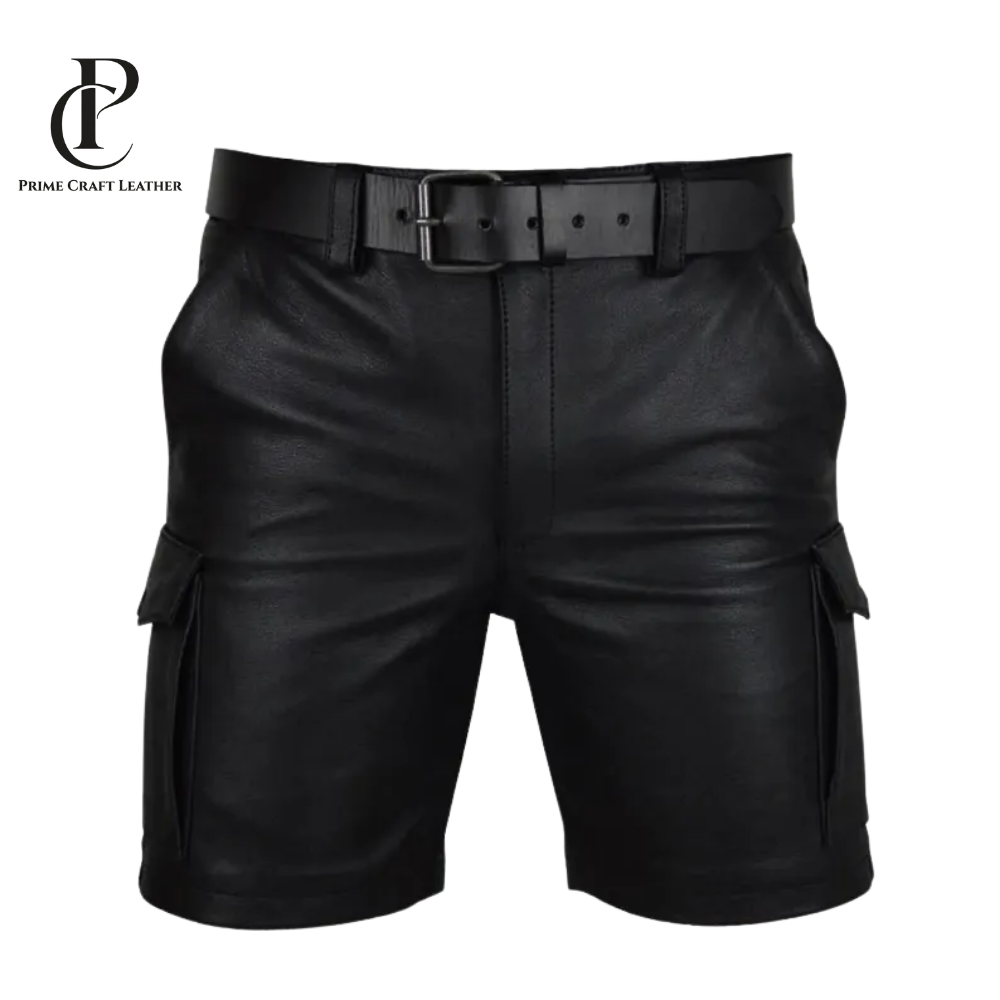 Men’s Black Genuine Leather Cargo Shorts Belted Biker Style