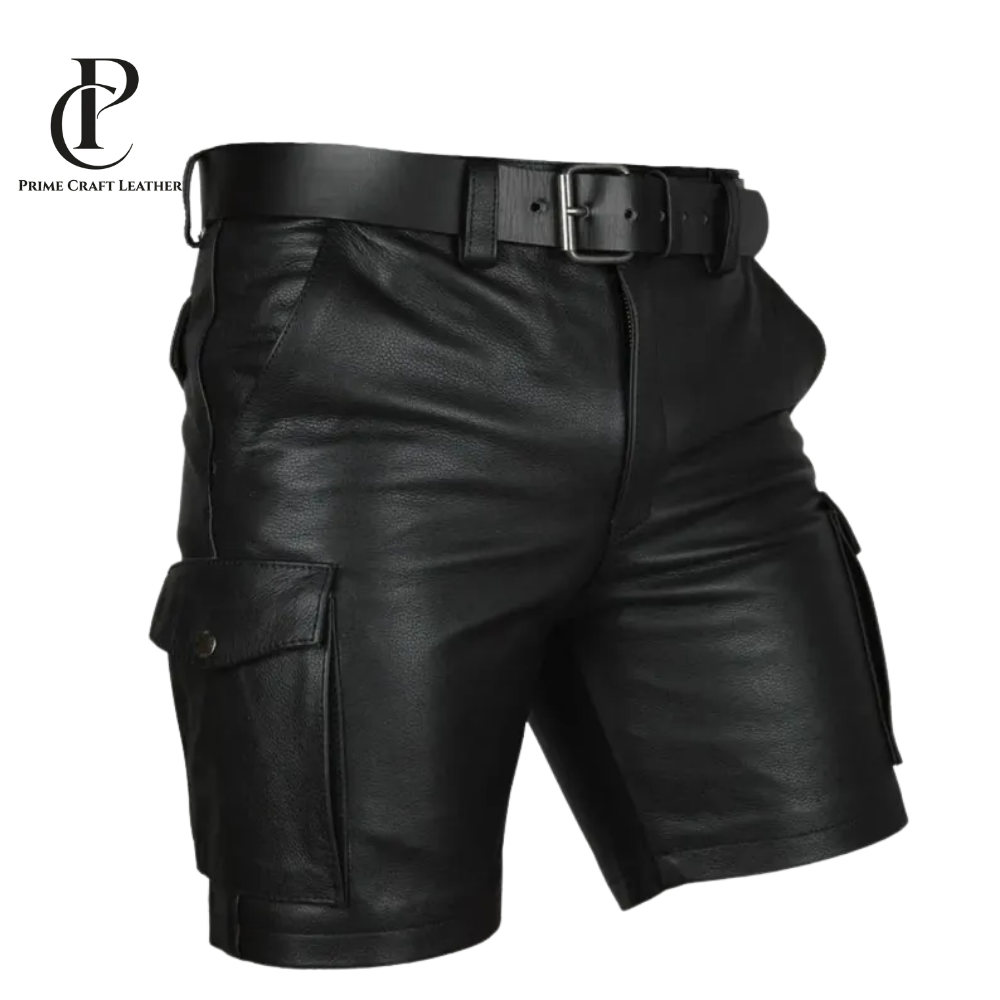 Men’s Black Genuine Leather Cargo Shorts Belted Biker Style - Image 2