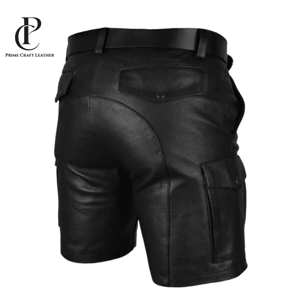 Men’s Black Genuine Leather Cargo Shorts Belted Biker Style - Image 3