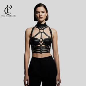 Handmade Black Cowhide Leather Chest Harness for Women