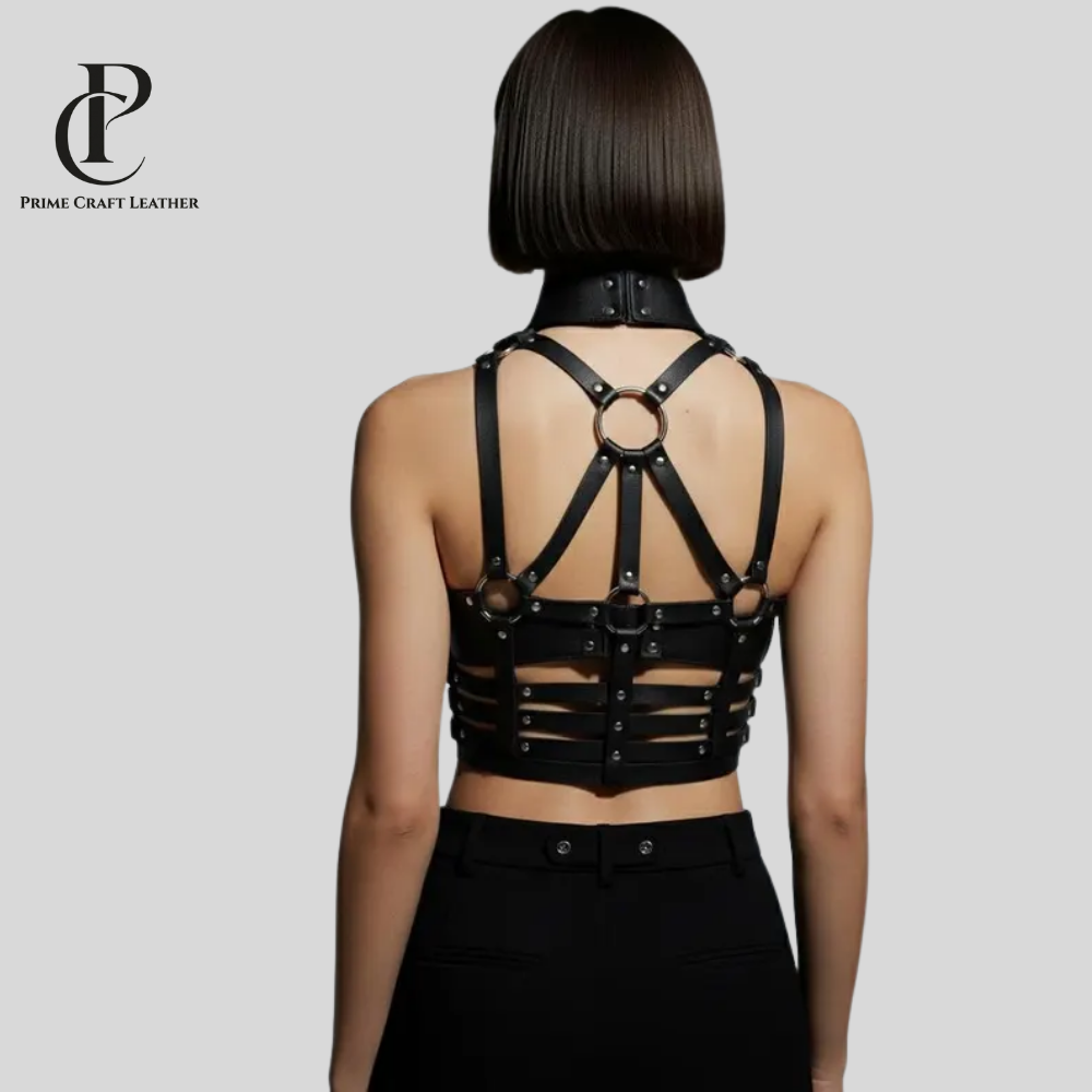 Handmade Black Cowhide Leather Chest Harness for Women - Image 2
