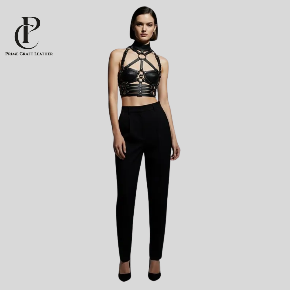 Handmade Black Cowhide Leather Chest Harness for Women - Image 3
