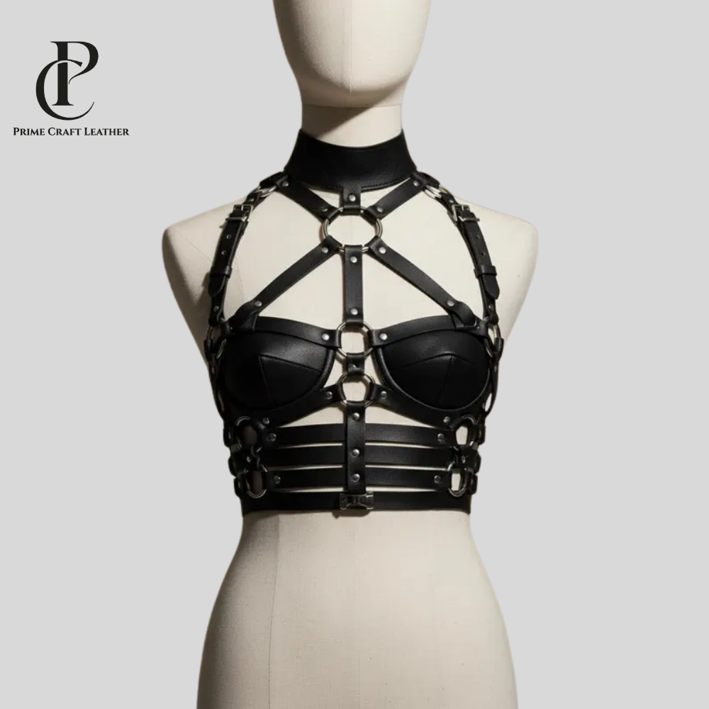 Handmade Black Cowhide Leather Chest Harness for Women - Image 4