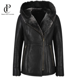 Front and back view of Women's Black Genuine Leather Parka with Grey Shearling Fur Lining and Hood by Prime Craft Leather