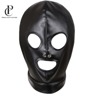Black Genuine Leather Full Face Hood Mask Adjustable Drawstring Head Cover Headgear