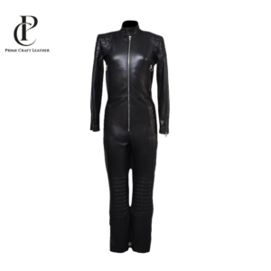 Black Genuine Leather Jumpsuit for Women Quilted Design with Zippers
