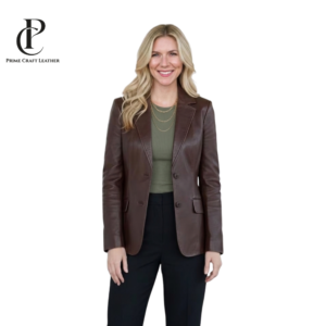 Front and back view of Women's Tailored Chocolate Brown Genuine Leather Blazer by Prime Craft Leather