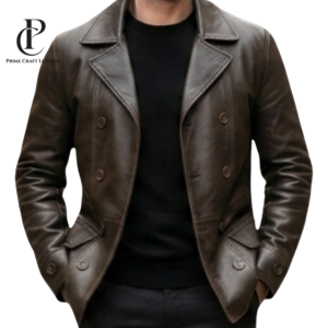 Front and back view of Men's Vintage Distressed Brown Genuine Leather Double-Breasted Pea Coat by Prime Craft Leather