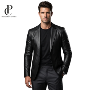 Front and back view of a Men's Slim Fit Black Premium Lambskin Leather Blazer by Prime Craft Leather