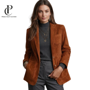 Front and back view of Women's Cognac Brown Premium Suede Leather Blazer with Patch Pockets by Prime Craft Leather