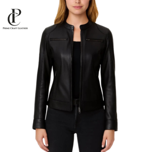 Front and back view of Women's Black Minimalist Genuine Leather Cafe Racer Jacket with Mandarin Collar by Prime Craft Leather