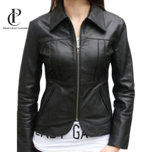 Front and back view of Women's Black Shirt-Style Genuine Leather Jacket with vertical paneling by Prime Craft Leather