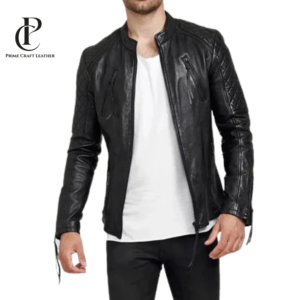 Men's Black Quilted Diamond Stitch Leather Cafe Racer Jacket