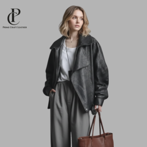 Front and back view of Women's Black Oversized Genuine Leather Moto Jacket with drop-shoulder design by Prime Craft Leather